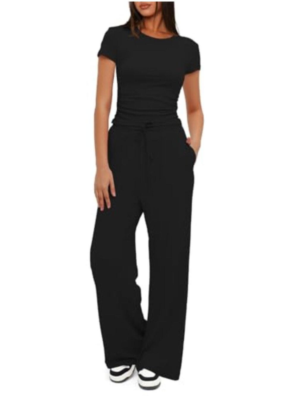 2 Piece Lounge Set Ruched Crop Top High Waisted Wide Leg Pants Tracksuit